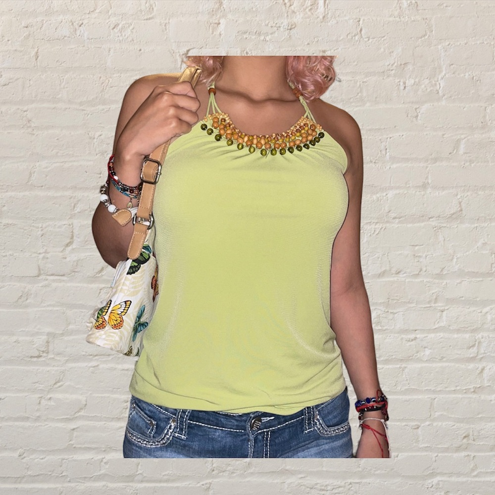 🌴y2k boho coconut girl sage green halter top with handmade wooden beading